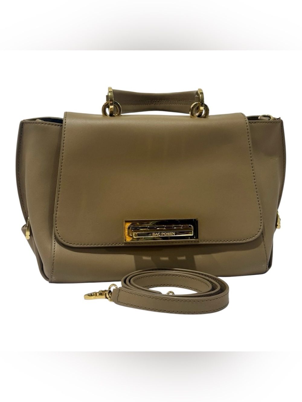 Zac Posen Eartha Leather Top Handle Satchel Taupe Gold Crossbody